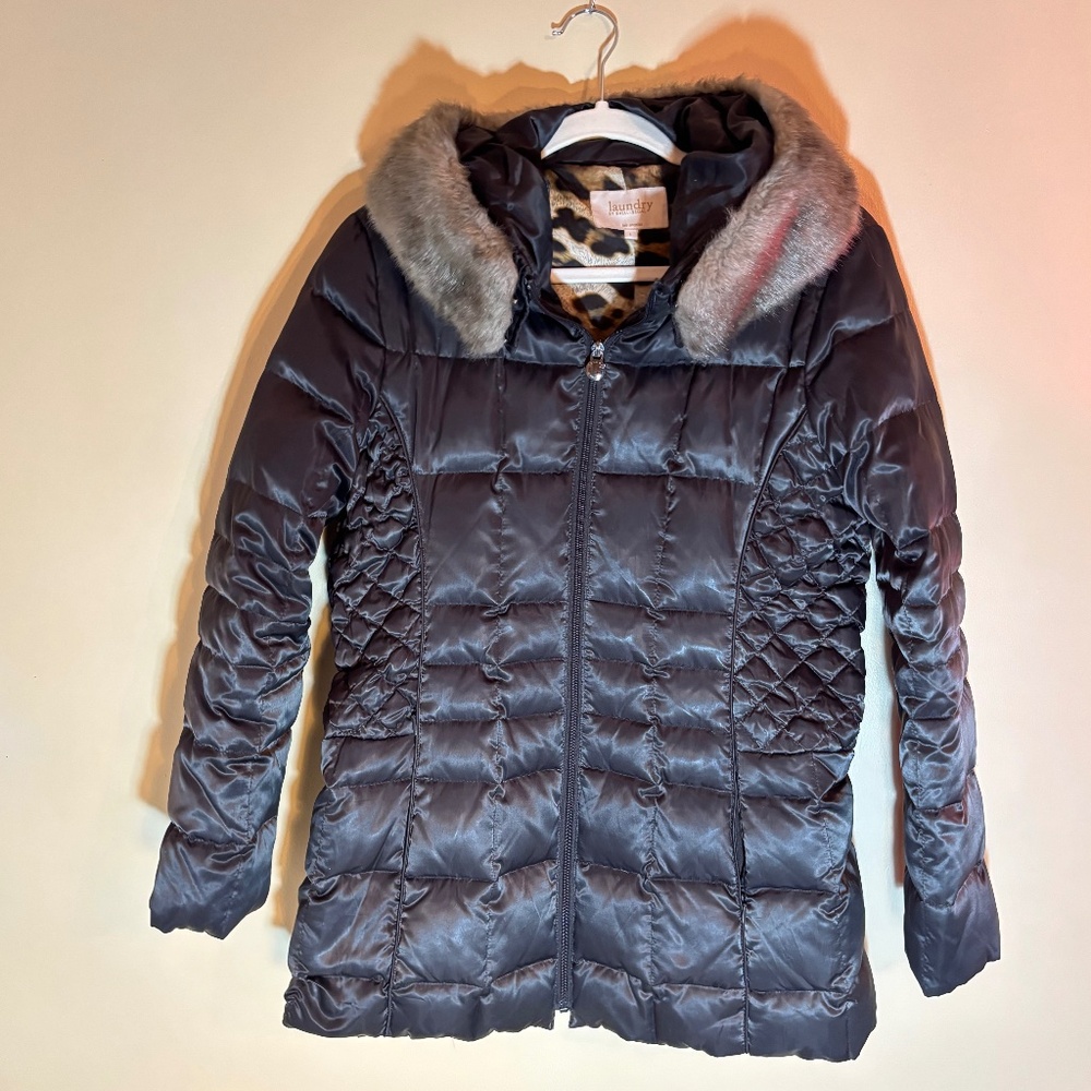 Down Puffer Parka with Leopard Print Lining, Black, L
